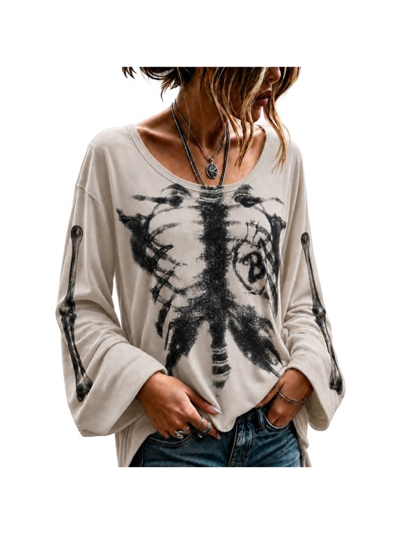 Womens Halloween Shirt Scoop Neck Bell Sleeve Skeleton Gothic Tops Loose Fit Spooky Season Apparel for Party Dark Gray S