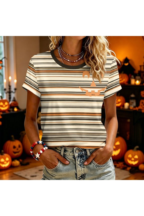 Womens Halloween Shirt Skeleton Bat Short Sleeve Spooky Tees Ghost Spider Summer Crew Neck Blouses M