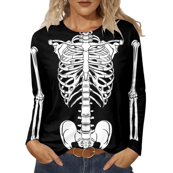 Womens Halloween Shirt Skeleton Print Long Sleeve Soft Crew Neck Womens Casual Tops