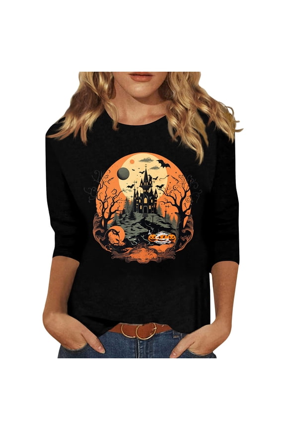 Womens Halloween Shirts 3/4 Sleeve Tops for Women Crew Neck Halloween Tshirts Women Fall Fashion Must Haves Black Graphic Tee, 02-Black XL