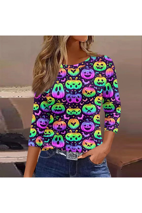 Womens Halloween Shirts Bat Pumpkin Crew Neck Spooky Tunics Ghost Skeleton 2026 3/4 Sleeve Funny Tops M