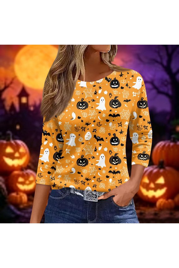 Womens Halloween Shirts Bat Spider 3/4 Sleeve Funny Tunics Witch Pumpkin Casual Crew Neck Spooky Blouses M