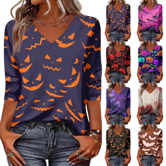 Womens Halloween Shirts Bat Witch Hat Graphic 3/4 Sleeve Vintage Blouse Spider Print V-Neck Casual Cute Tops 3XL
