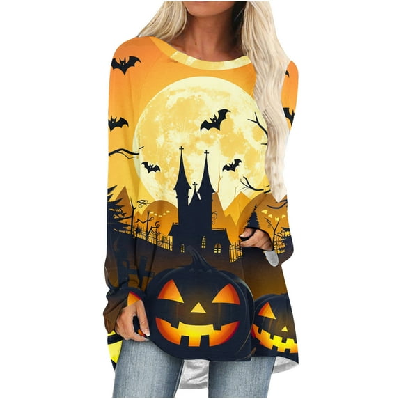 Womens Halloween Shirts Casual Long Sleeve Black Cat Printed Halloween Sweatshirts for Women Crew Neck Tunic Tops