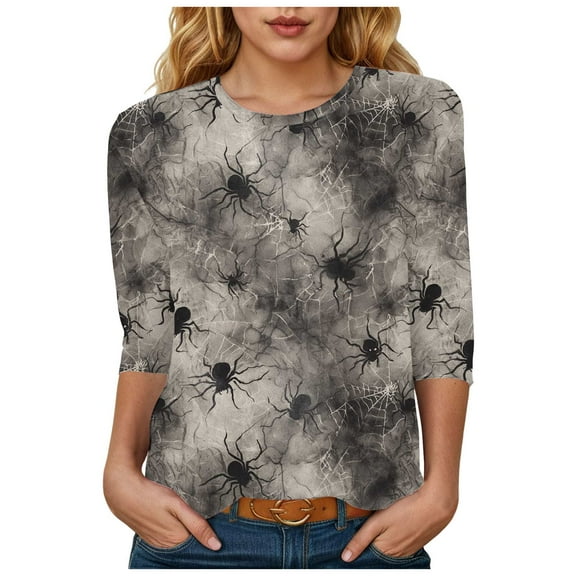 Womens Halloween Shirts Cute Fashion Graphic 3/4 Length Sleeve Tunic Tops Halloween Gifts Blouse(S-3XL)