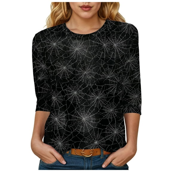 Womens Halloween Shirts Cute Fashion Graphic 3/4 Length Sleeve Tunic Tops Halloween Gifts Blouse(S-3XL)