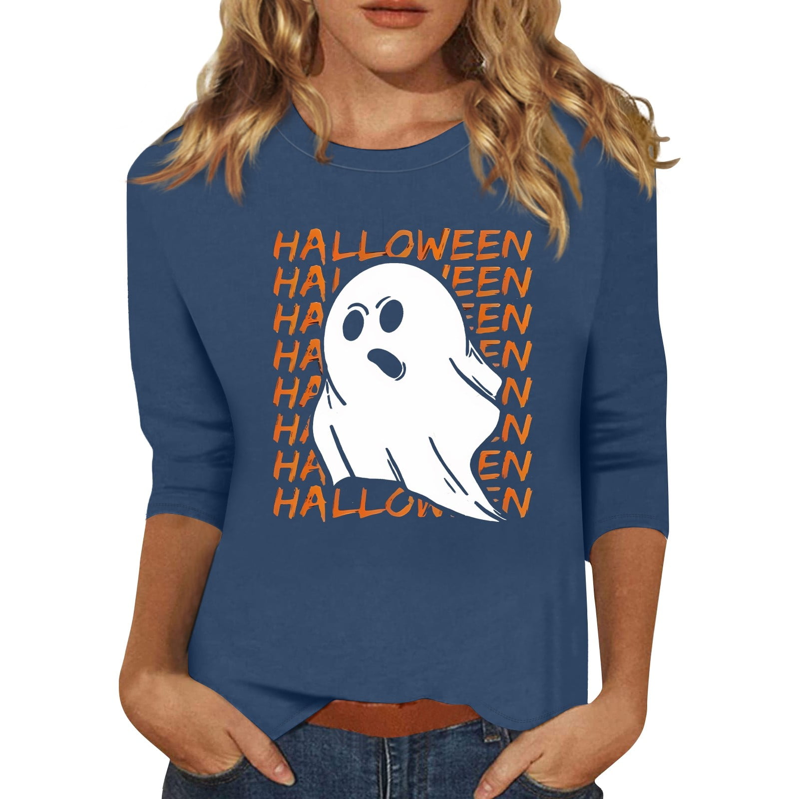 Womens Halloween Shirts Cute Ghost Graphic Blouse 3/4 Length Sleeve