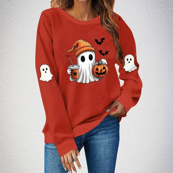Womens Halloween Shirts Cute Pumpkin Ghost Sweatshirt Long Sleeve Crewneck Sweaters Vintage Spooky Season Sweatshirt Warm Y2K Casual Tops Funny Oversized Pullover Fall Shirts, Red S
