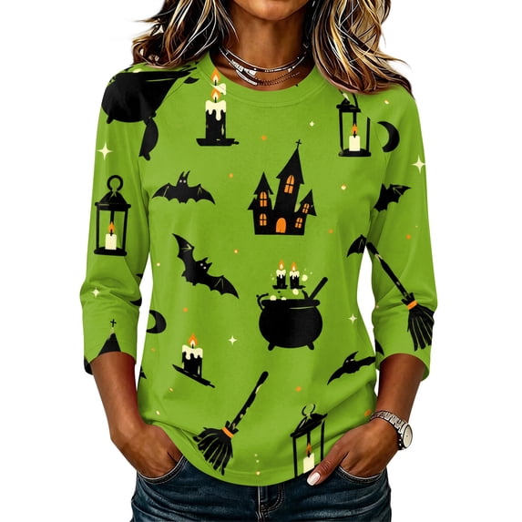 Womens Halloween Shirts Funny 3/4 Sleeve Pullover Spooky Halloween Printed Tops Horror Crew Neck T Shirts Holiday Three Quarter Length Blouses, 3XL