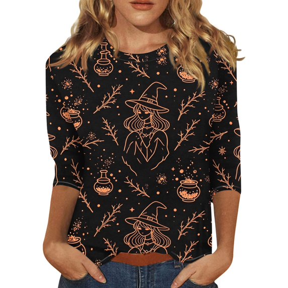 Womens Halloween Shirts Funny 3/4 Sleeve T Shirts Horror Witch Printed Tops Spooky Round Neck Pullover Holiday Three Quarter Length Blouses, 3XL