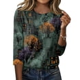 thumbnail image 1 of Womens Halloween Shirts Funny 3/4 Sleeve Tops Spooky Castle Printed T Shirts Horror Crew Neck Pullover Holiday Three Quarter Length Blouses, S, 1 of 7