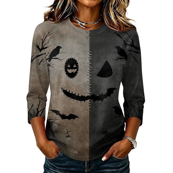 Womens Halloween Shirts Funny 3/4 Sleeve Tops Spooky Pumpkin Face Bat Printed Pullover Horror Crew Neck T Shirts Holiday Three Quarter Length Blouses, XL