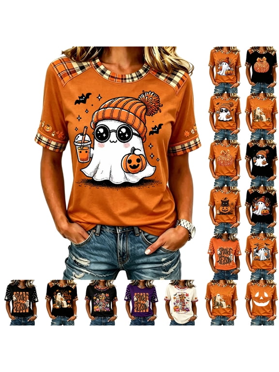 Womens Halloween Shirts Funny Pumpkin Face Blouses Trendy Crew Neck Short Sleeve Thanksgiving Tee Shirts
