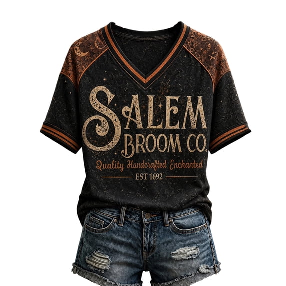 Womens Halloween Shirts Funny Salem Broom Co Printed Short Sleeve V Neck Spooky Season Casual Pullover Tops, 2XL