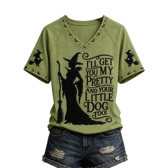 Womens Halloween Shirts Funny Witch Printed V Neck Short Sleeve Spooky Season Casual Pullover Tops, L