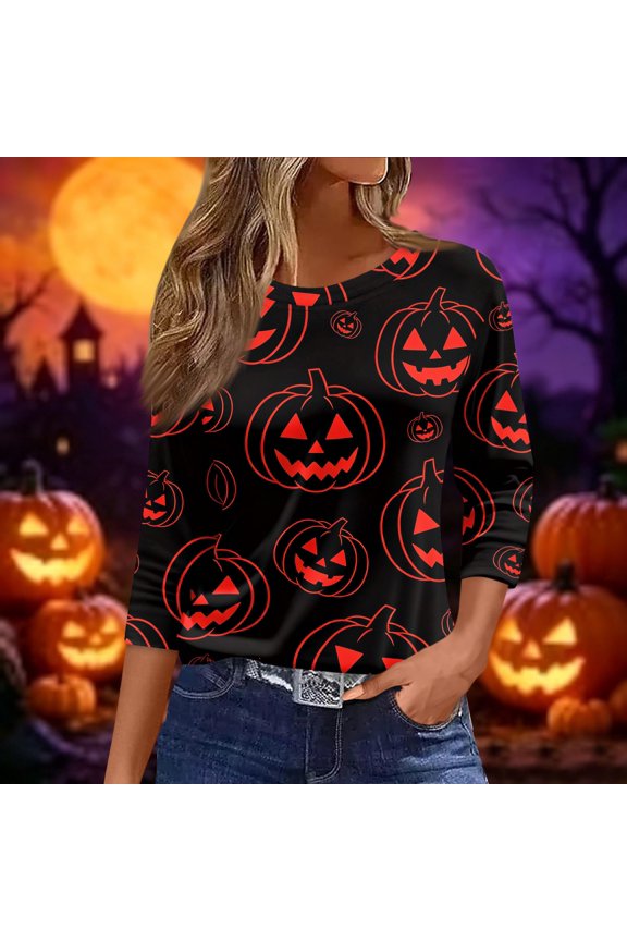 Womens Halloween Shirts Ghost Spider Crew Neck Spooky Tops Witch Bat 2026 3/4 Sleeve Funny Tunics 3XL