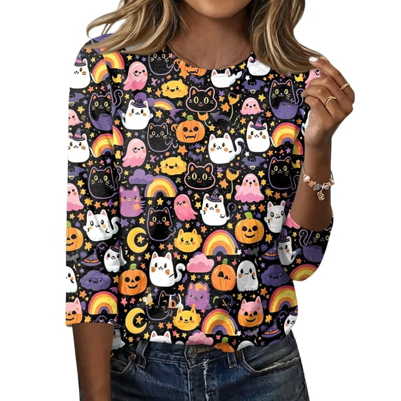 Womens Halloween Shirts Horror 3/4 Sleeve Pullover Spooky Halloween Ghost Pumpkin Printed T Shirts Funny Round Neck Tops Three Quarter Length Blouse,3XL