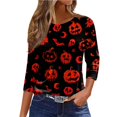 thumbnail image 1 of Womens Halloween Shirts Horror 3/4 Sleeve Pullover Spooky Halloween Ghost Pumpkin Printed Tops Funny Crew Neck T Shirts Three Quarter Length Blouse,M, 1 of 8