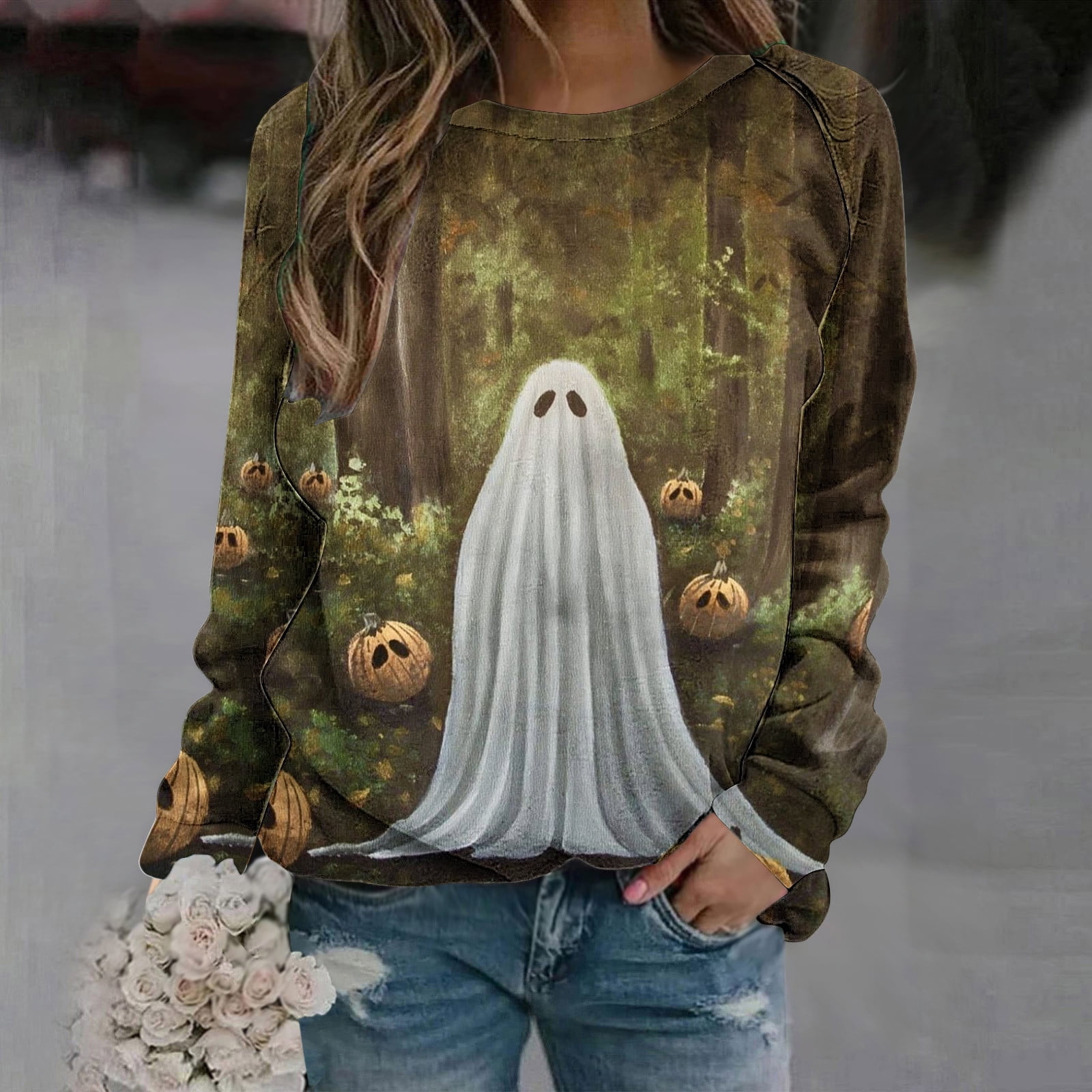 Womens Halloween Shirts Plus Size Fashin Cute Ghost Graphic Tee Casual