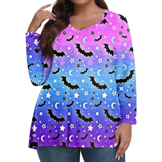 Womens Halloween Shirts Plus Size Pumpkin Ghost Print Blouse Long