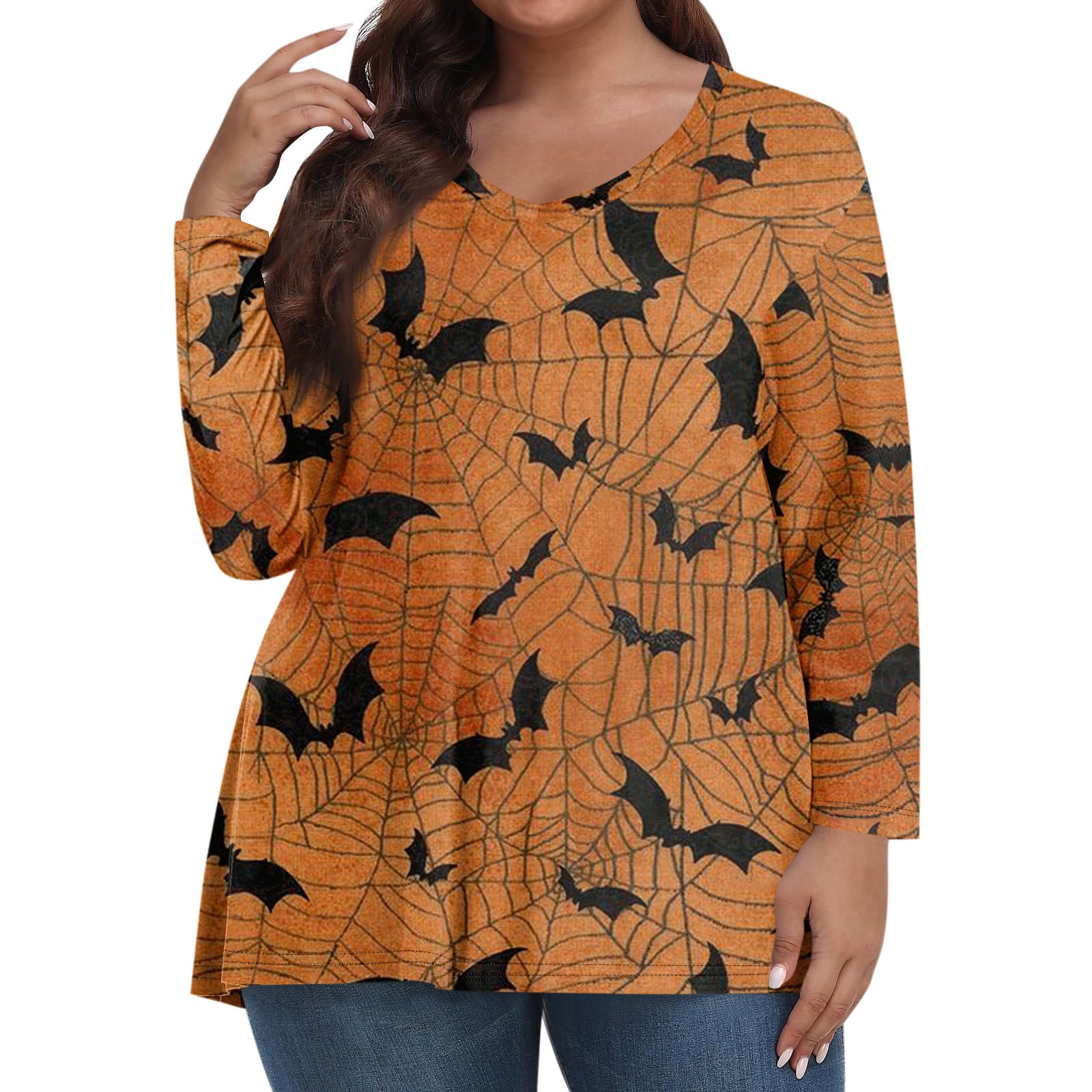 Womens Halloween Shirts Plus Size Pumpkin Ghost Print Tshirts Long Sleeve VNeck Tunic Oversized