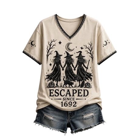 Womens Halloween Shirts Plus Size Short Sleeve Tunic Tops Funny Halloween Print V Neck Novelty Graphic Tees