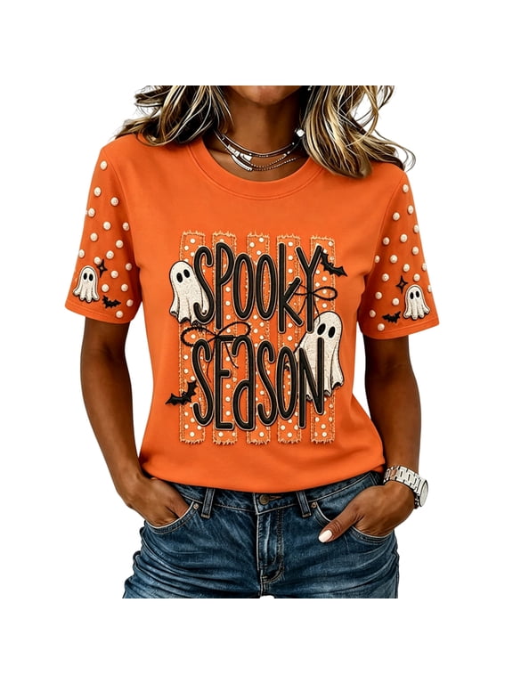 Womens Halloween Shirts Plus Size Short Sleeve Tunic Tops Pumpkin Ghost Print Casual Crew Neck Novelty Graphic Tees