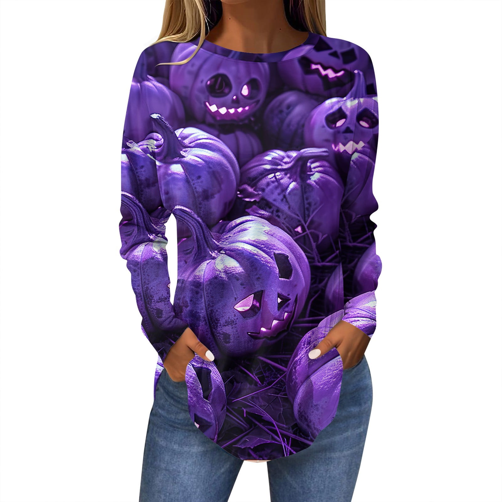 Womens Halloween Shirts Pumpkin Bats Print Tunic Long Sleeve Round Neck