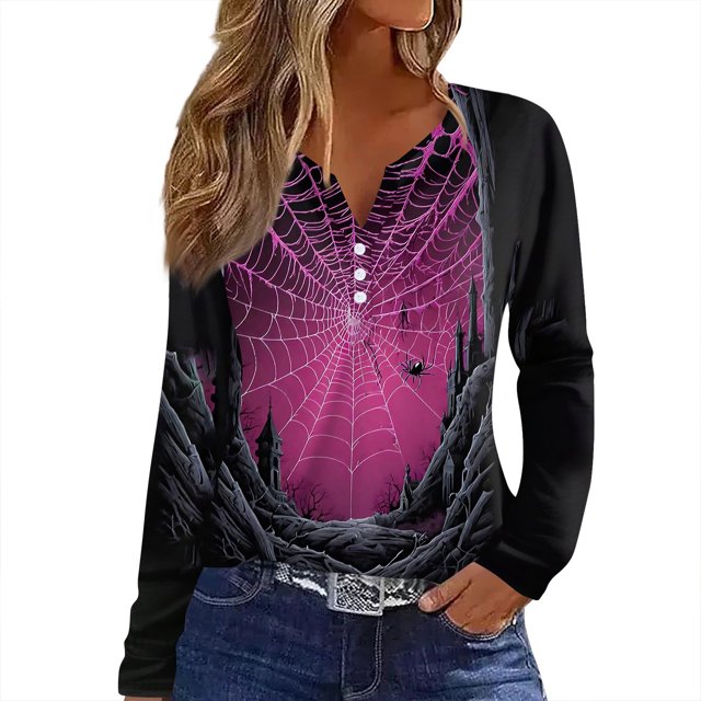 Womens Halloween Shirts Pumpkin Ghost Pattern Tunic Long Sleeve Henley