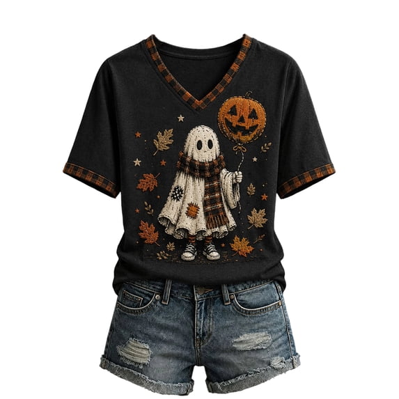 Womens Halloween Shirts Short Sleeve Funny Ghost Printed V Neck Spooky Season Casual Pullover Tops, M
