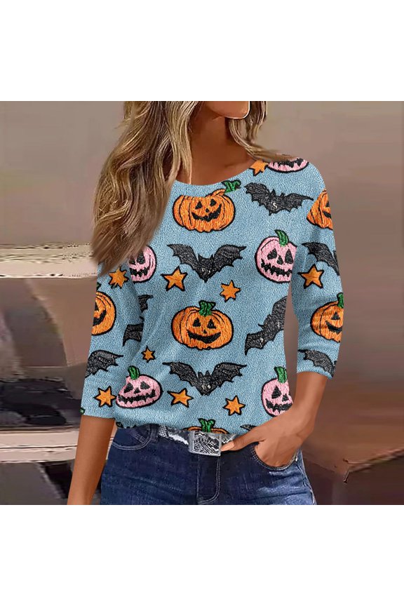Womens Halloween Shirts Skeleton Bat Crew Neck Funny Blouses Witch Spider 2026 3/4 Sleeve Spooky Tunics M