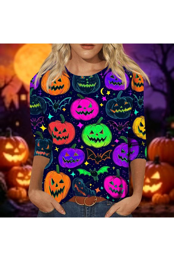 Womens Halloween Shirts Spider Bat 3/4 Sleeve Scary Tops Pumpkin Witch Fall Crew Neck Funny Tunics M