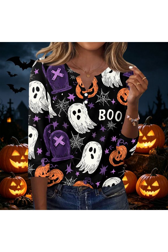 Womens Halloween Shirts Spider Pumpkin 3/4 Sleeve Scary Tops Bat Cute Funny Henley Button Down Tunics M