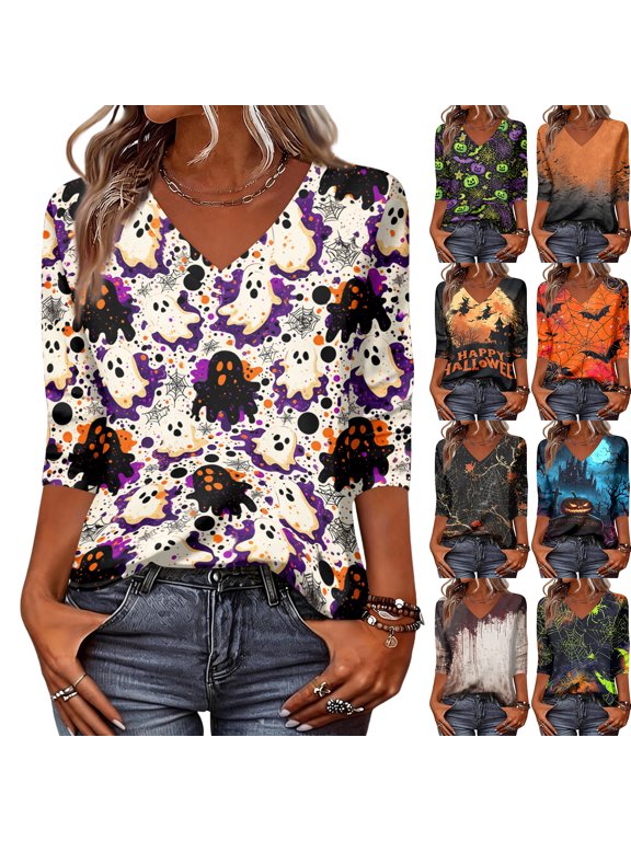 Womens Halloween Shirts Spider Witch Hat Graphic V-Neck Scary Tops Castle Print 3/4 Sleeve Spooky Horror T-Shirt S