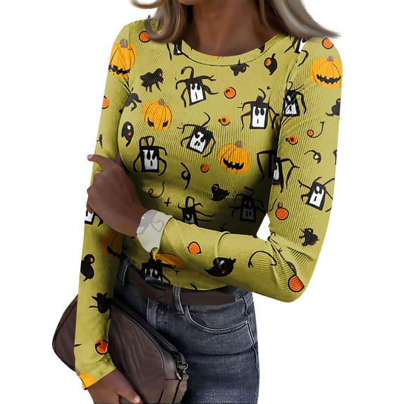 Womens Halloween Shirts Stretch Crewneck Long Sleeve Knit Tops Pumpkin Bat Print Holiday Tee Top