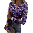 thumbnail image 1 of Womens Halloween Shirts Stretch Crewneck Long Sleeve Knit Tops Pumpkin Bat Print Holiday Tee Top, 1 of 5