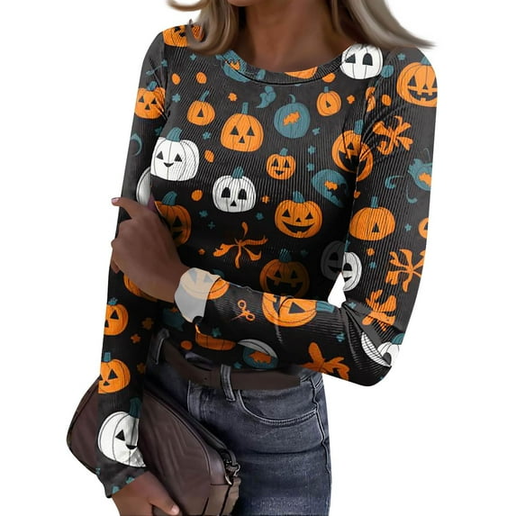 Womens Halloween Shirts Stretch Crewneck Long Sleeve Knit Tops Pumpkin Bat Print Holiday Tee Top
