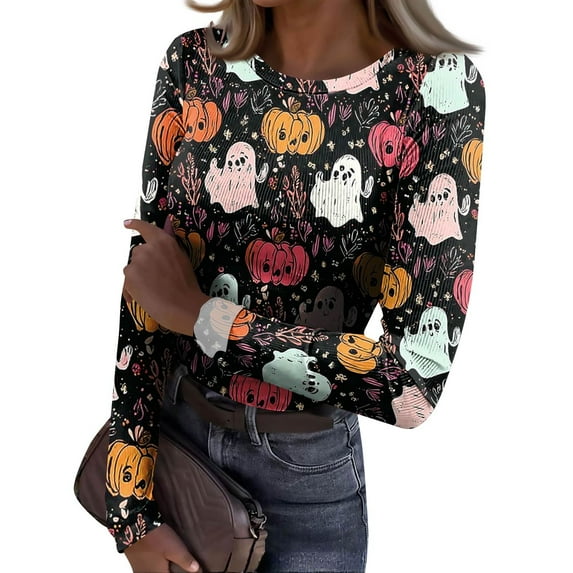 Womens Halloween Shirts Stretch Fitted Long Sleeve Knit Tops Funny Graphic Print Holiday Tee Top