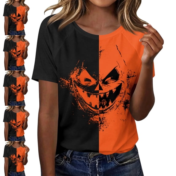 Womens Halloween Shirts Thanksgiving Novelty Pumpkin Face T-Shirt Crew Neck Short Sleeve Festival Party Trendy Tee Tops Earthy Yellow M