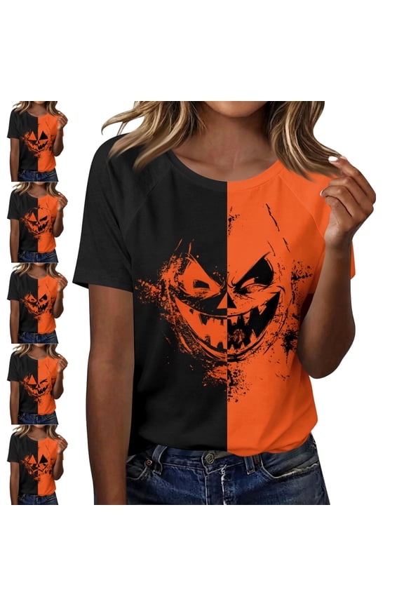 Womens Halloween Shirts Thanksgiving Novelty Pumpkin Face T-Shirt Crew Neck Short Sleeve Festival Party Trendy Tee Tops Earthy Yellow M