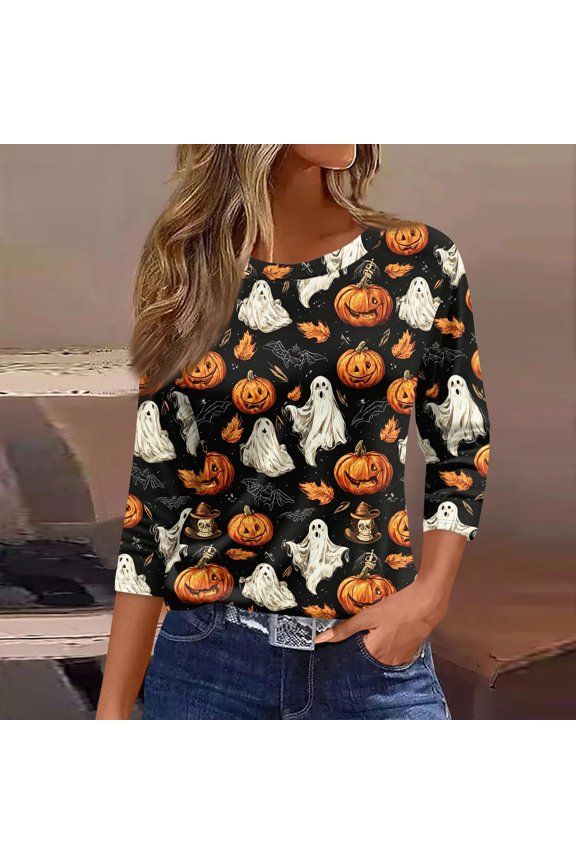 Womens Halloween Shirts Witch Bat Crew Neck Funny Tops Spider Pumpkin Casual 3/4 Sleeve Scary Tunics XL