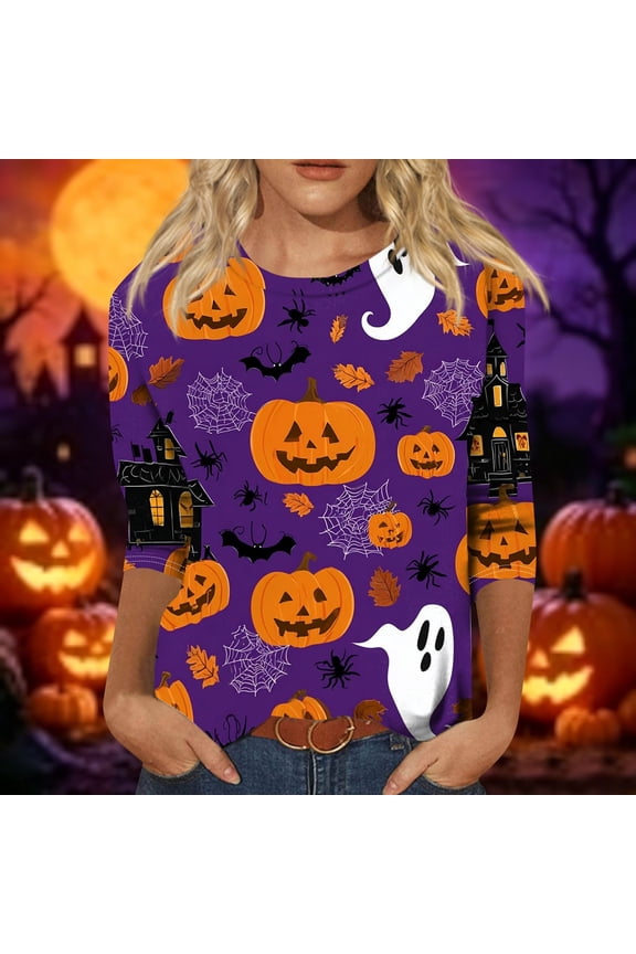 Womens Halloween Shirts Witch Bat Crew Neck Funny Tunics Skeleton Spider 2026 3/4 Sleeve Scary Tops 2XL