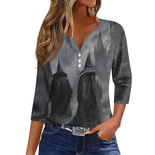 Womens Halloween Shirts Witch Print TShirts 3/4 Length Sleeve Henley