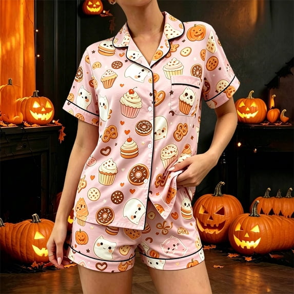 Womens Halloween Short Pajama Sets Short Sleeve Shirt Fall Winter Stylish Comfortable Loungewear Pink L