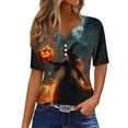 thumbnail image 1 of Womens Halloween Short Sleeve V Neck Button Shirts Fall Oversized Funny Skull Graphic Top Spooky Season Tees, 1 of 4