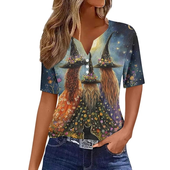 Womens Halloween Short Sleeve V Neck Button Shirts Fall Oversized Funny Skull Graphic Top Spooky Season Tees