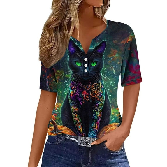 Womens Halloween Short Sleeve V Neck Button Shirts Fall Oversized Funny Skull Graphic Top Spooky Season Tees