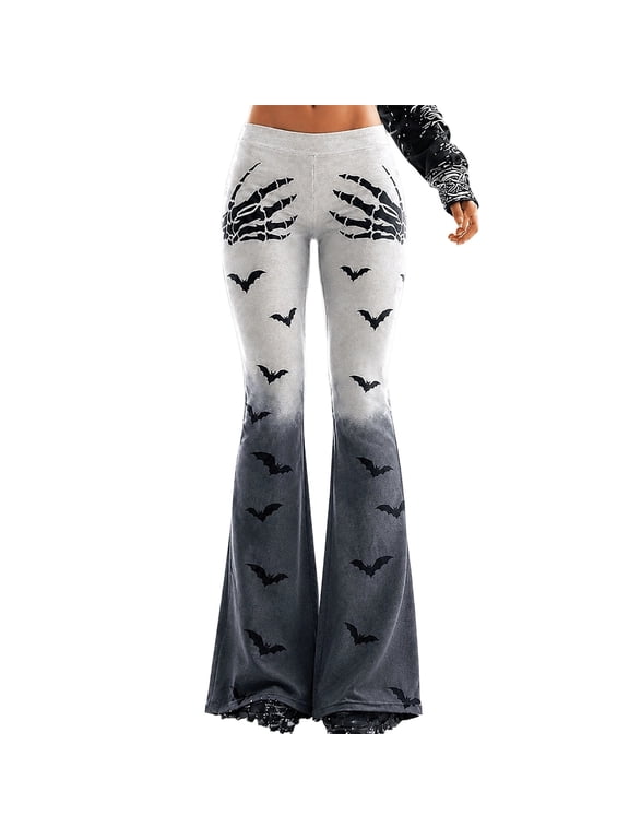 Womens Halloween Skeleton Bat Gradient Flare Pants High Waist Bell Bottom Trousers Gothic Slim Fit Casual Streetwear Outfits