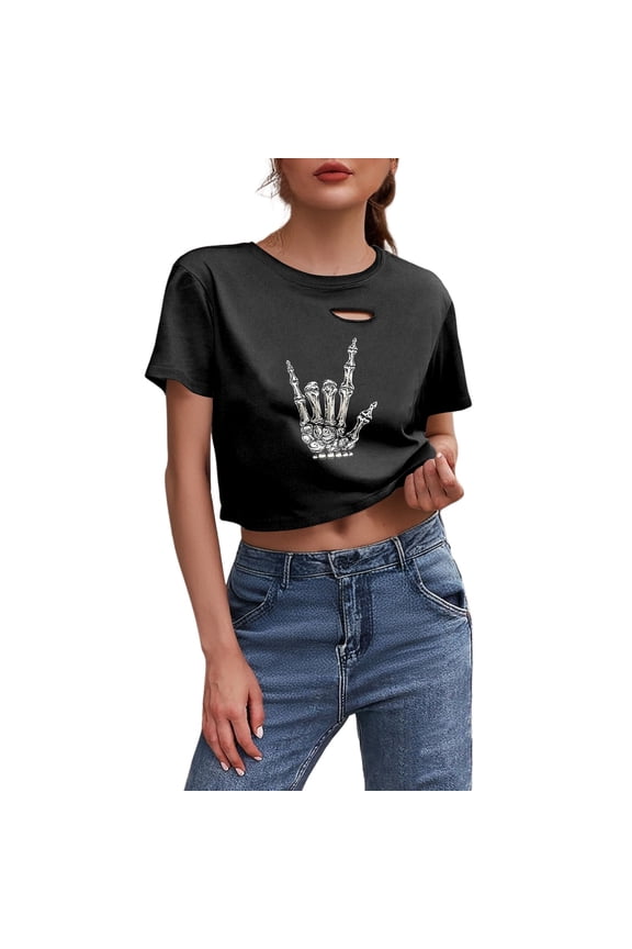 Womens Halloween Skeleton Print Cropped T-Shirt Round Neck Distressed Ripped Hole Short Sleeve Tee Black