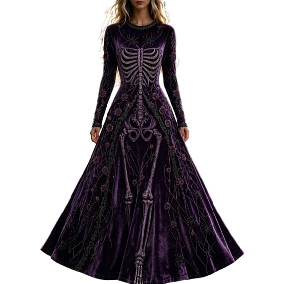 Womens Halloween Skeleton Rose Maxi Dress Long Sleeve Crewneck Gothic Floral Bone Print Flowy A-Line Floor Length Party Dress